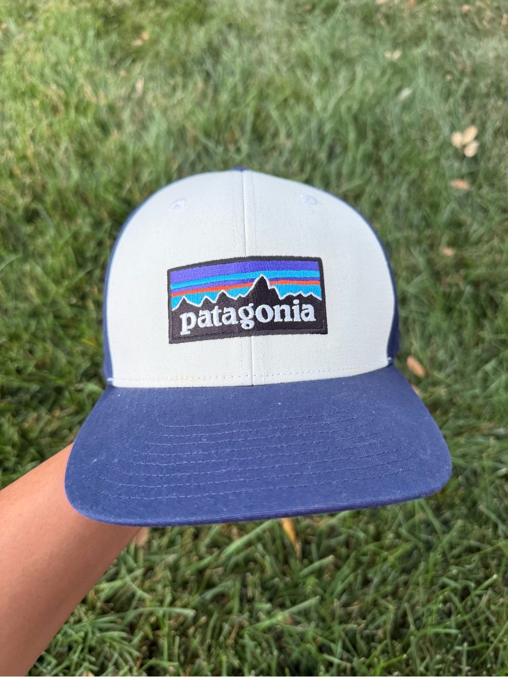 Patagonia Two-Tone Trucker Hat in Light Gray and Navy Blue